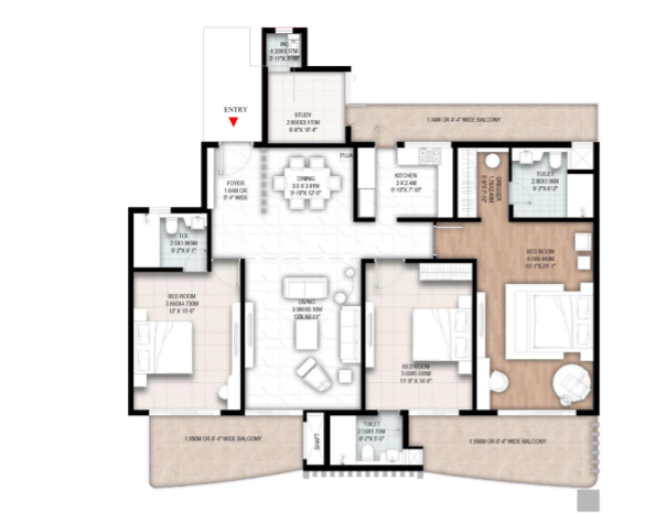 3 BHK + Study + 4T Layout